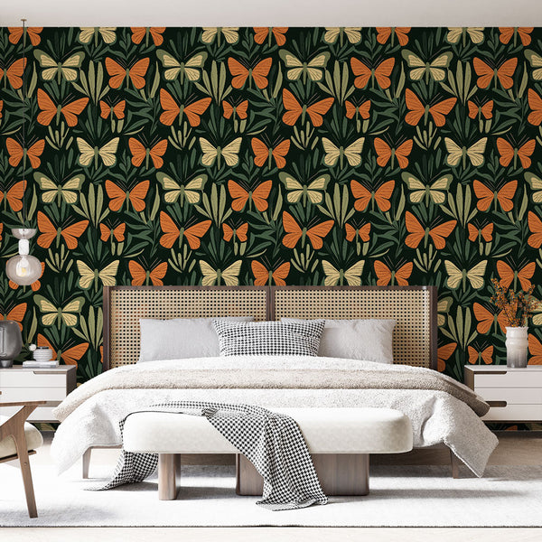 Butterfly Wallpaper | Orange and Cream Butterflies, Dark Mural