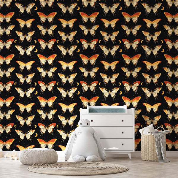 Butterflies and Crescent Moons Wallpaper on Black