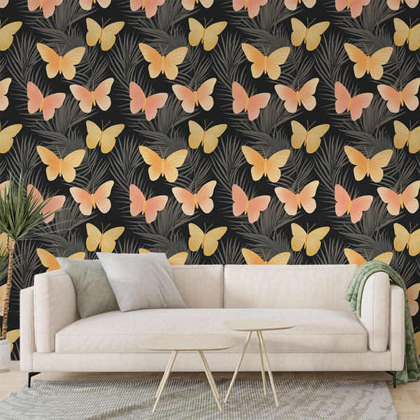 Butterfly Wallpaper | Soft Wings on Black with Subtle Leaves