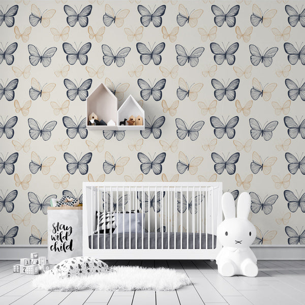 Butterfly Wallpaper | Black and Beige Wings on Light Ground