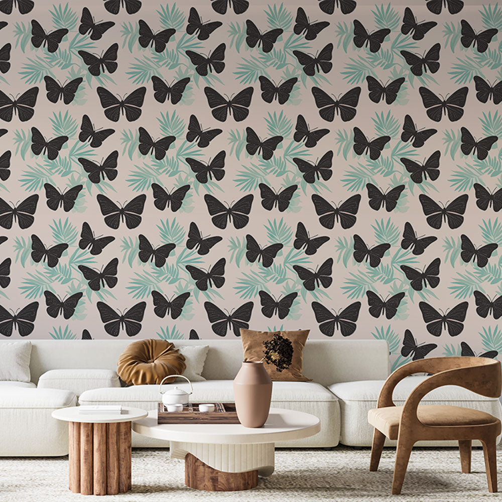 Black Butterflies and Mint Foliage Wallpaper on Pastel