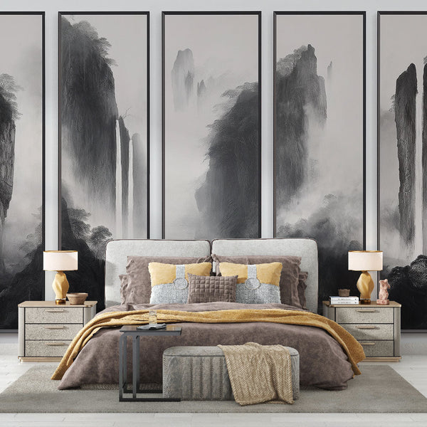 Abstract Mountain Wallpaper | Black White Waterfall Wall Mural