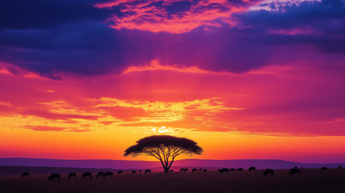 African Landscape Wallpaper | Vibrant Sunset with Animals