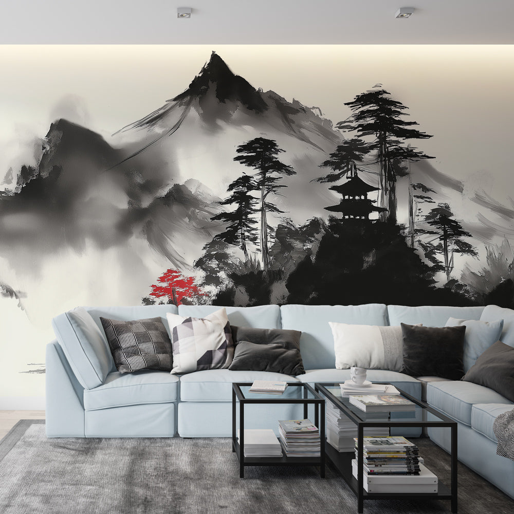 Asian Landscape Wallpaper | Mountains and Pagoda in Monochrome