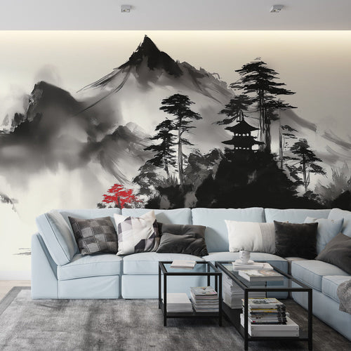 Asian landscape wallpaper with misty mountains, pagoda and red maple tree