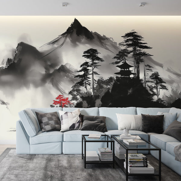 Asian Landscape Wallpaper | Mountains and Pagoda in Monochrome