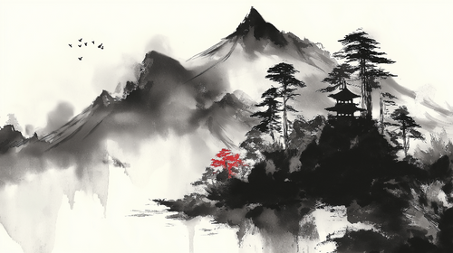 Asian Landscape Wallpaper | Mountains and Pagoda in Monochrome