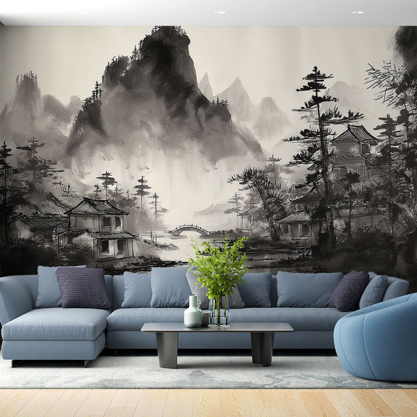 Ink Landscape Wallpaper | Mountains and Traditional Houses
