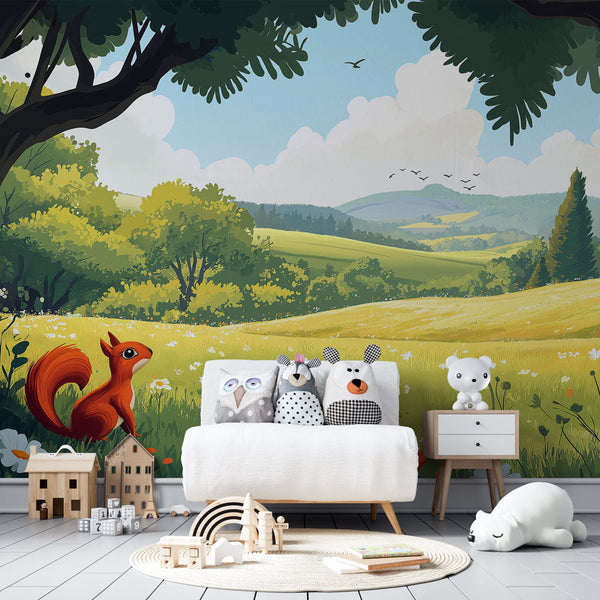 Pastoral Wallpaper | Curious Squirrel in Wildflower Field Mural