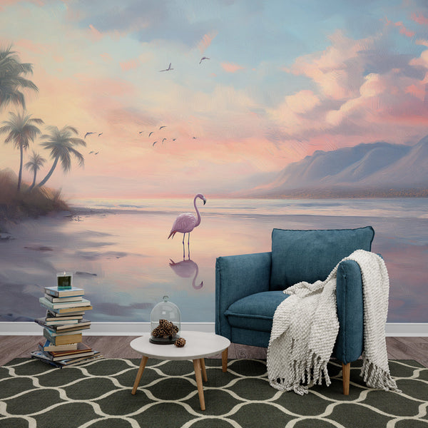 Coastal Flamingo Wallpaper | Sunset Beach Wall Mural