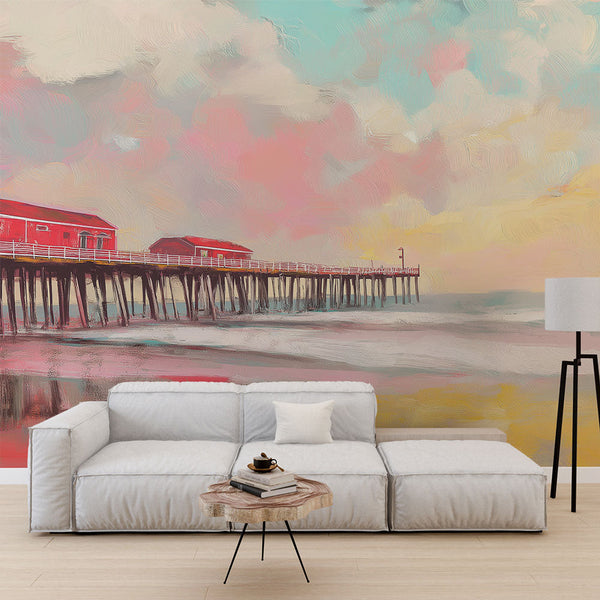 Coastal Landscape Wallpaper | Red Pier Pastel Sky Marine Reflections