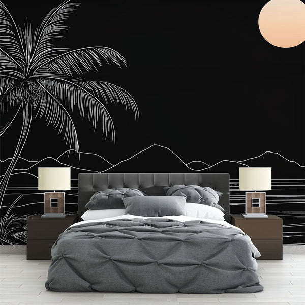 Coastal Wallpaper | White Palms on Black Wall Mural