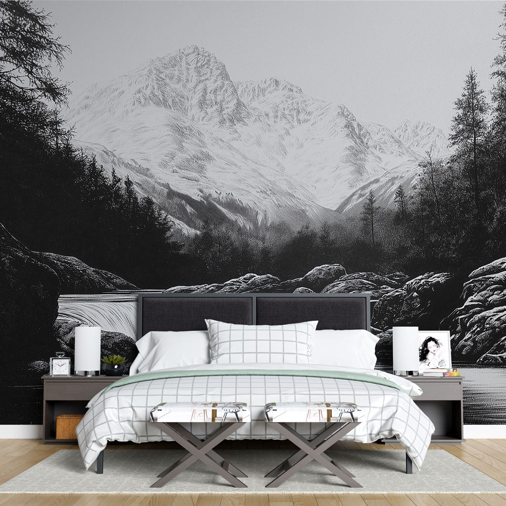 Mountain Landscape Wallpaper | Black White River Mural