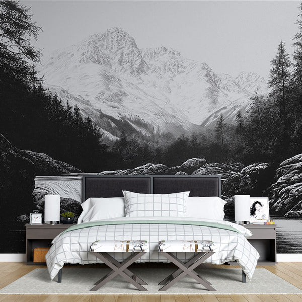 Mountain Landscape Wallpaper | Black White River Mural