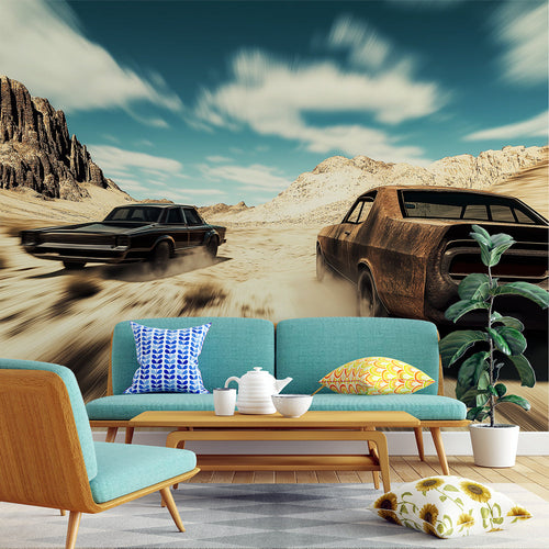 Desert landscape wallpaper with vintage cars racing through arid mountains