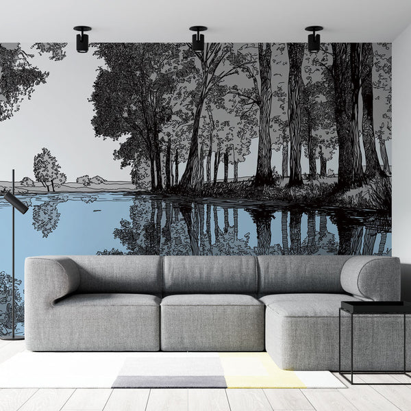 Black and White Landscape Wallpaper | Trees Mirrored in Water