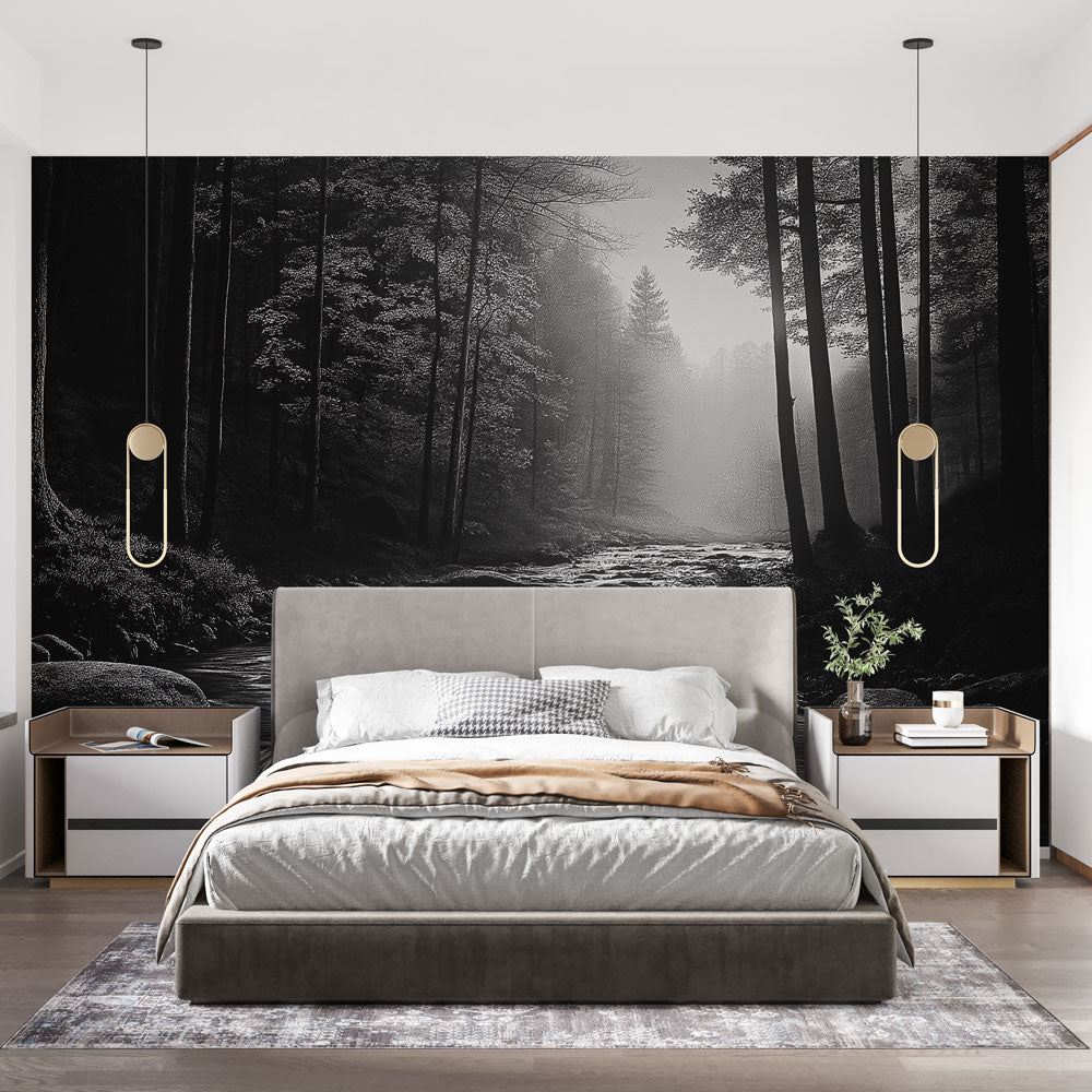 Landscape forestier Wallpaper | River peaceful travers arbres black