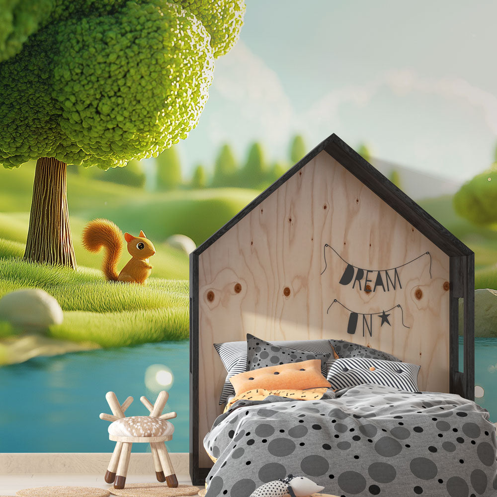 Woodland Landscape Wallpaper | Squirrel by Tranquil River Wall Mural
