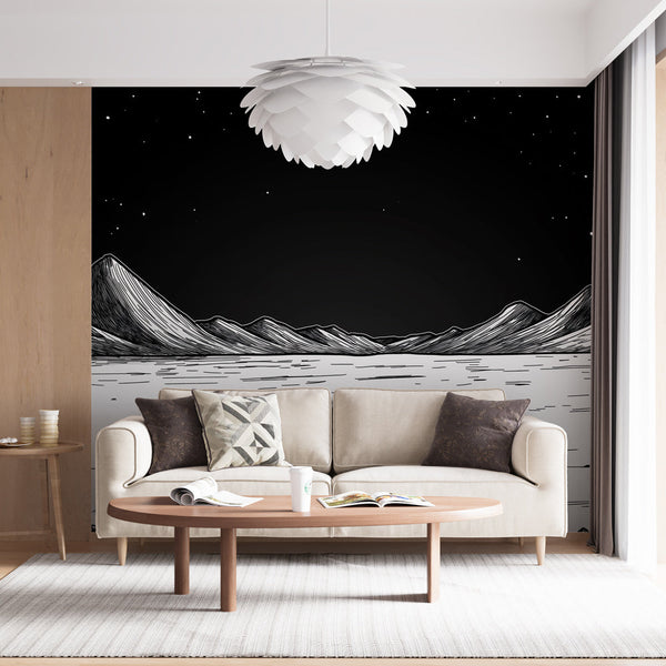 Lunar Landscape Wallpaper | Black & White Mountain Mural