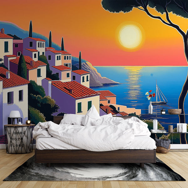 Marine Landscape Wallpaper | Sunset over Coastal Village Mural