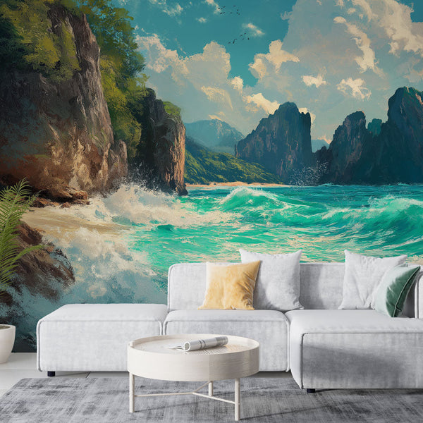 Seascape wallpaper | Picturesque shore waves wall mural