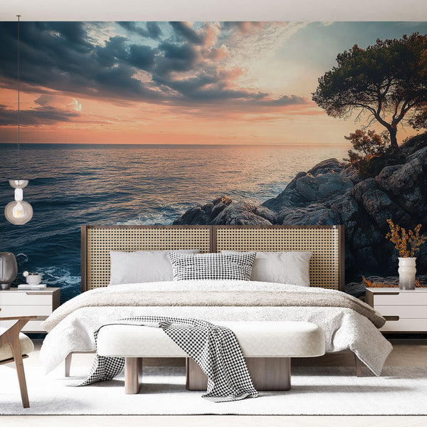 Sunset Seascape Wallpaper | Coastal Tree Wall Mural