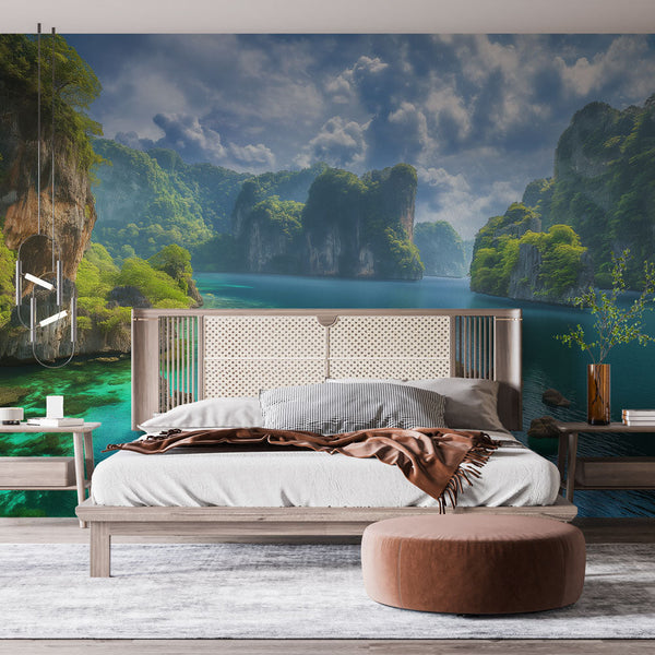 Thai seascape wallpaper | Turquoise verdant cliffs mural