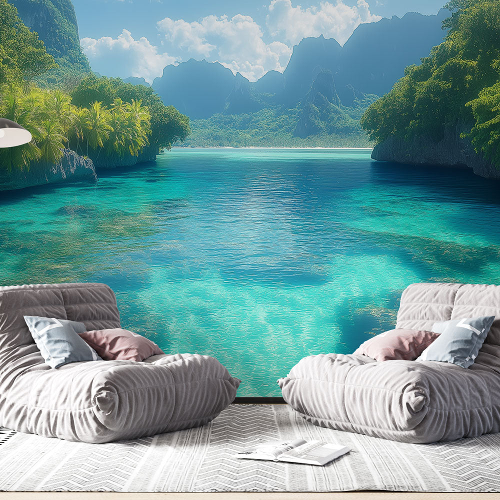 Marine Landscape Wallpaper | Tranquil Lagoon & Mountains Mural
