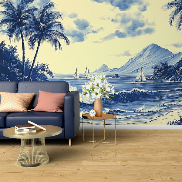 Sailboat & Palm Wallpaper | Coastal Sea Wall Mural