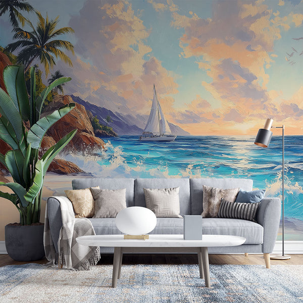Seascape Wallpaper | Sailboat on Paradise Beach at Sunset