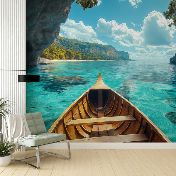 Calming Seascape Wall Mural | Wooden Boat Wallpaper