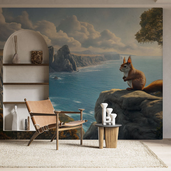 Coastal Landscape Wallpaper | Squirrel on Rocky Cliff Wall Mural