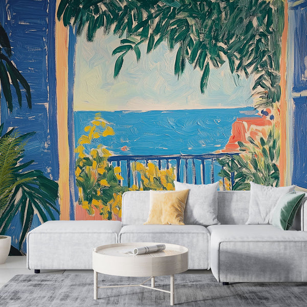 Marine Landscape Wallpaper | Sea View with Lush Greenery Mural