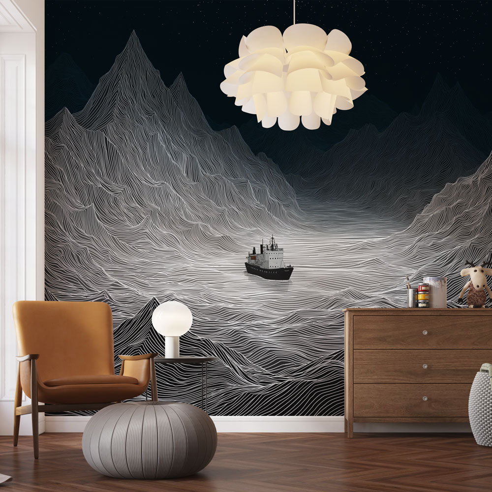 Maritime Wallpaper | Black and White Waves With a Sailboat
