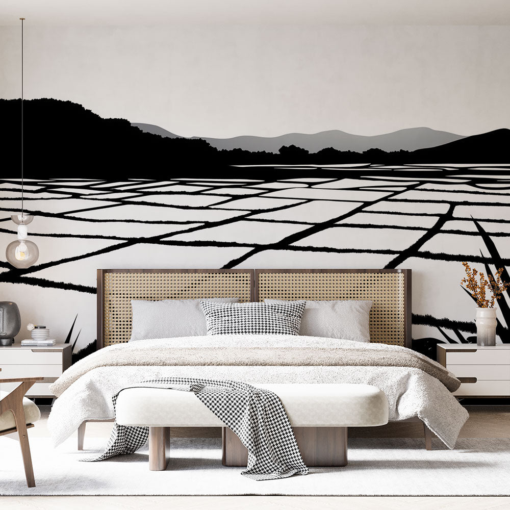 Minimalist landscape wallpaper | Black and white rice fields