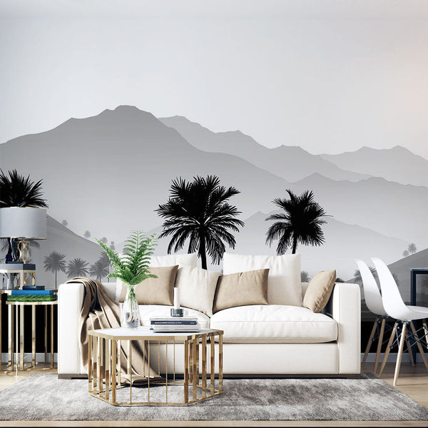 Gray Mountain Wallpaper | Palm Silhouette Wall Mural in Gray