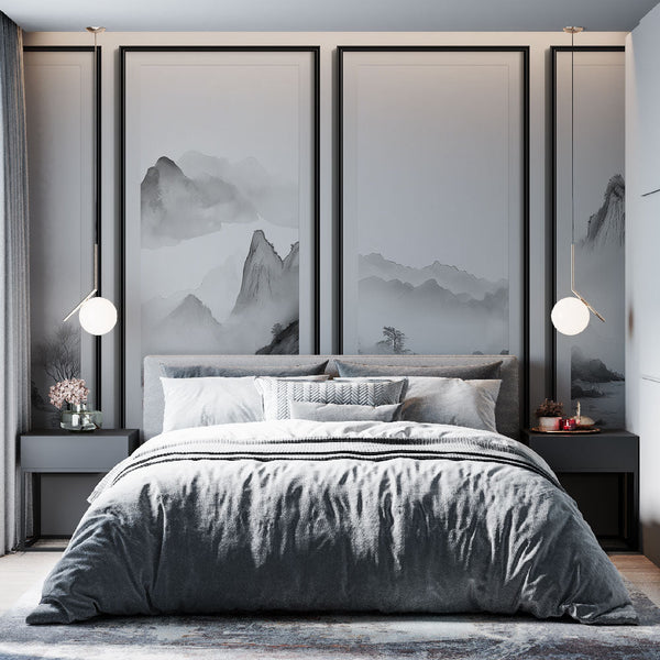 Black and White Misty Mountain Panorama Wallpaper Mural