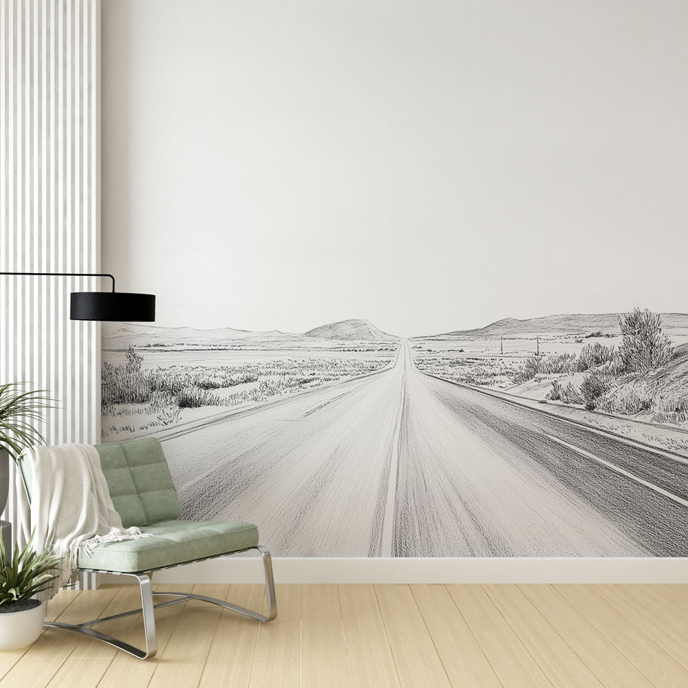 Black White Road Wallpaper | Serene Landscapes Wall Mural