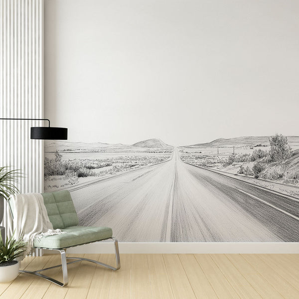 Black White Road Wallpaper | Serene Landscapes Wall Mural