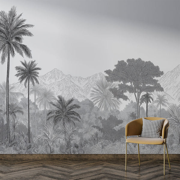 Black and White Tropical Wallpaper | Palms and Mountains