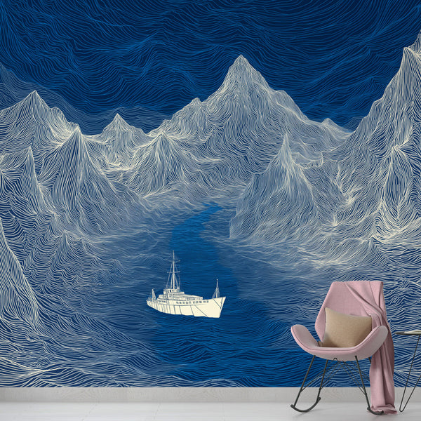 Seascape Wallpaper | Rolling Blue Peaks and a White Sailboat