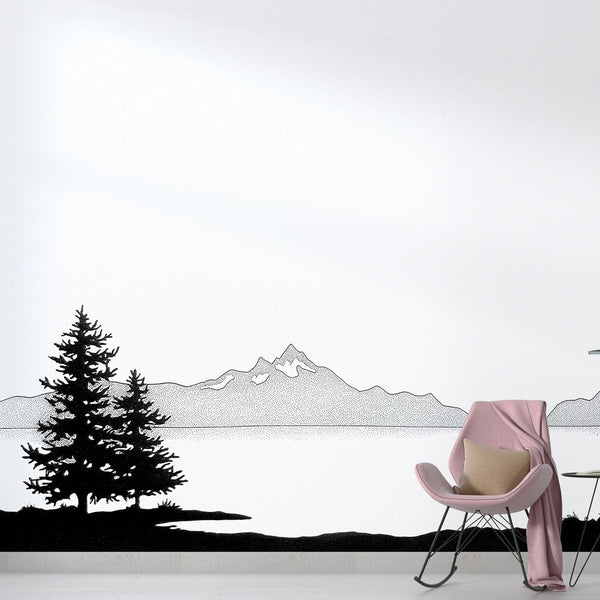 Mountain Wallpaper | Black Outline Trees and Peaks on White