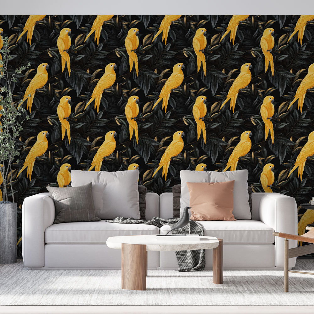 Parrot Wallpaper | Yellow Parrots on Black Foliage Ground