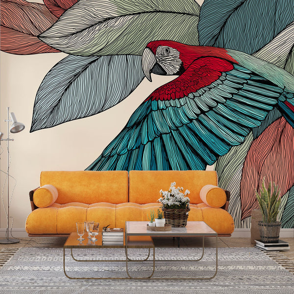 Colorful Parrot Wallpaper | Tropical Bird and Large Detailed Leaves