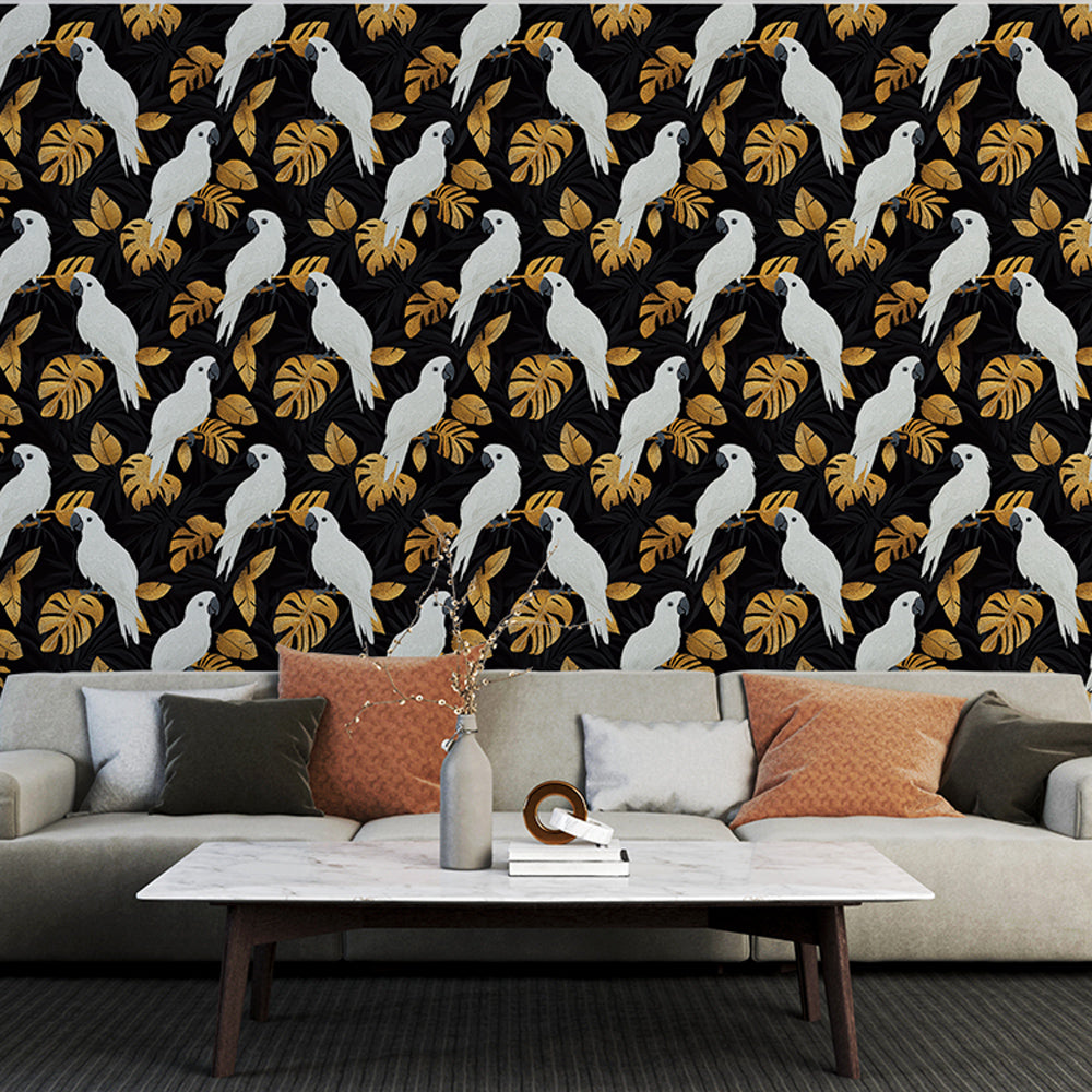 Parrot Wallpaper | White Parrots on a Deep Black Ground
