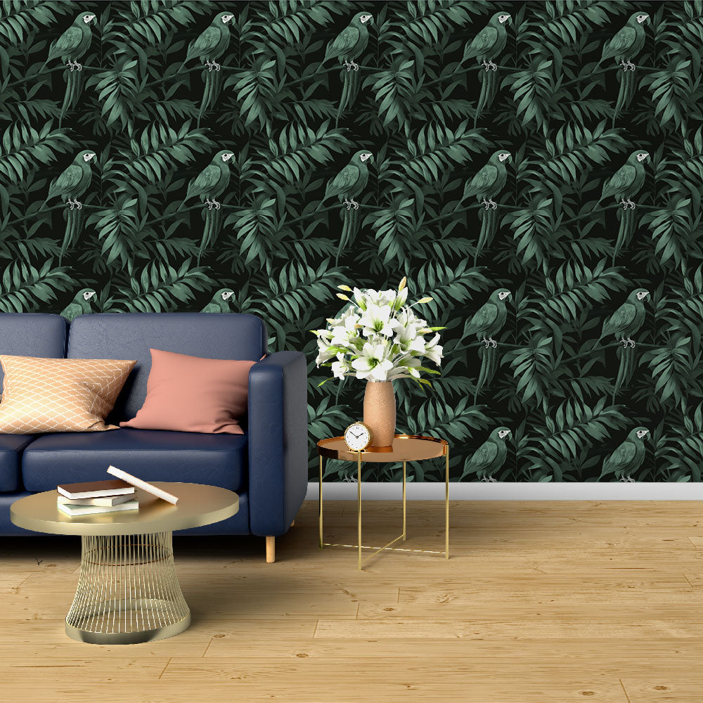 Parrot Wallpaper | Green Birds on Black With Lush Foliage