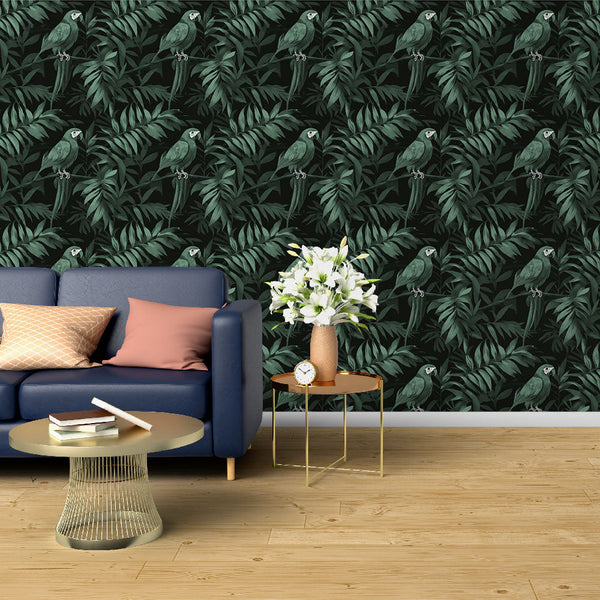 Parrot Wallpaper | Green Birds on Black With Lush Foliage