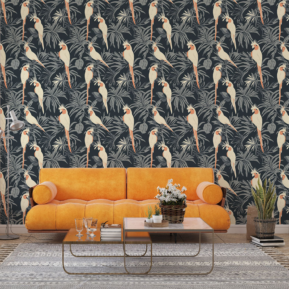 Parrot Wallpaper | Tropical Parrot Motif on a Dark Ground