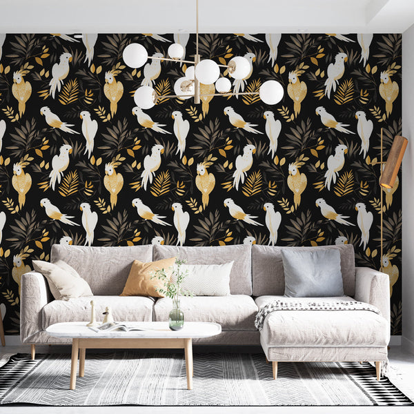 Parrot Wallpaper | Birds and Golden Foliage on Black