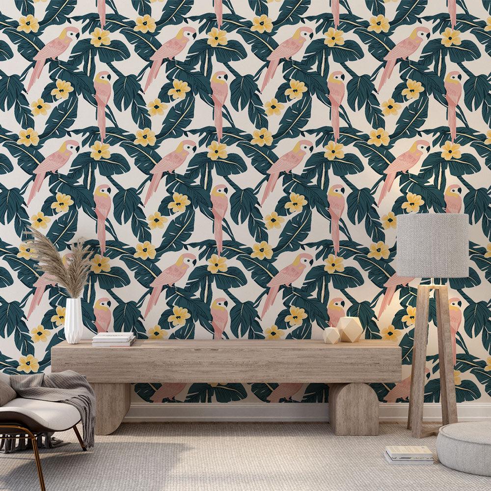 Parrot Wallpaper | Pink Parrots and Yellow Flowers on Leaves